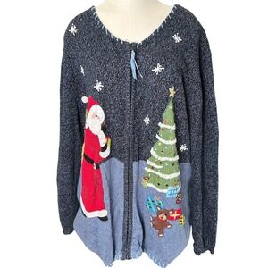 Main Street Blues Christmas Cardigan‎ Women 1X Blue Santa Claus Embroidered Zip